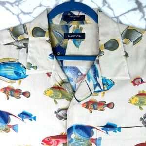 NAUTICA 90s Outdoor Camp Shirt Men's L Tan w Multicolor Ocean Fishes